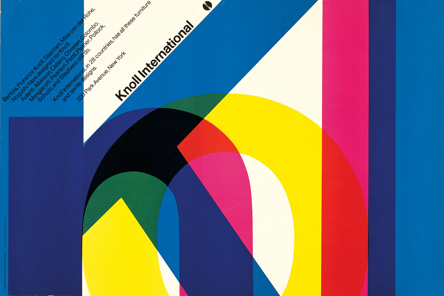 Ad for Knoll International from 1966. Each character on the word Knoll is in a different primary colour and they are multiplied over each other to create a colour mixing effect.