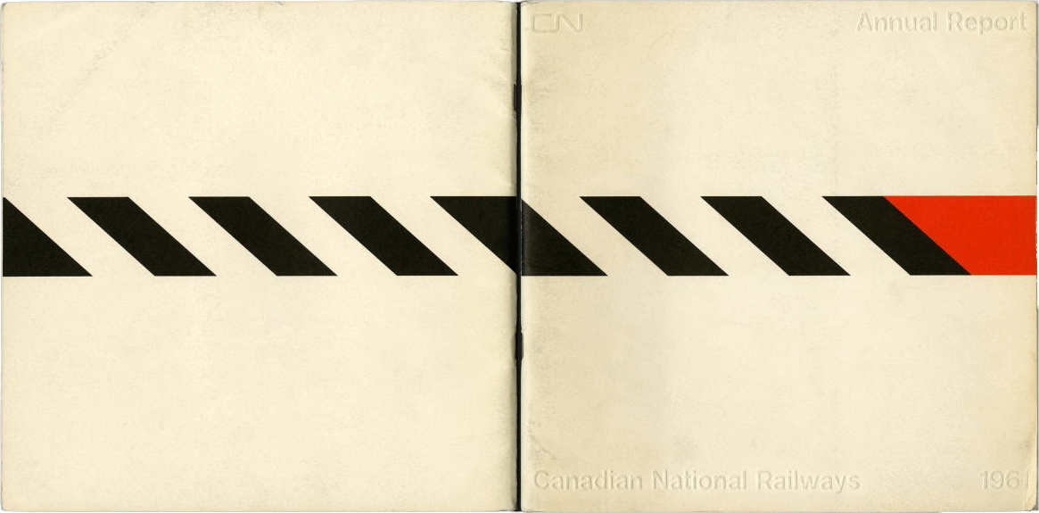 The front and back covers for the CN Railways Annual Report for 1961. Features a thick stripe pattern going horizontally down the center as well as blind embossed text.