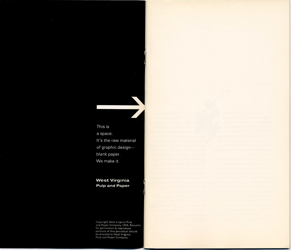 The inside front cover of The Organization of Space: A Typographic Quest Number 4, 1966. Written and designed by Carl Dair. Published by the West Virginia Pulp and Paper Company.
